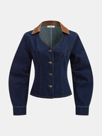 Curved Sleeve Contrast Collar Denim Jacket