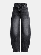 High-Waist Denim Asymmetric Curved-Leg Jeans