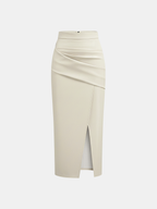 Ruched Slit PU Leather Midi Skirt