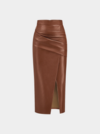 Ruched Slit PU Leather Midi Skirt