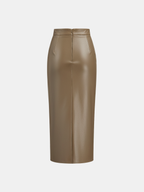 Ruched Slit PU Leather Midi Skirt