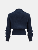Collared Metal Buckle Ribbed Cropped Sweater