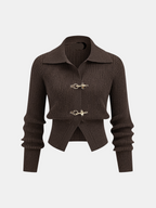 Collared Metal Buckle Ribbed Cropped Sweater