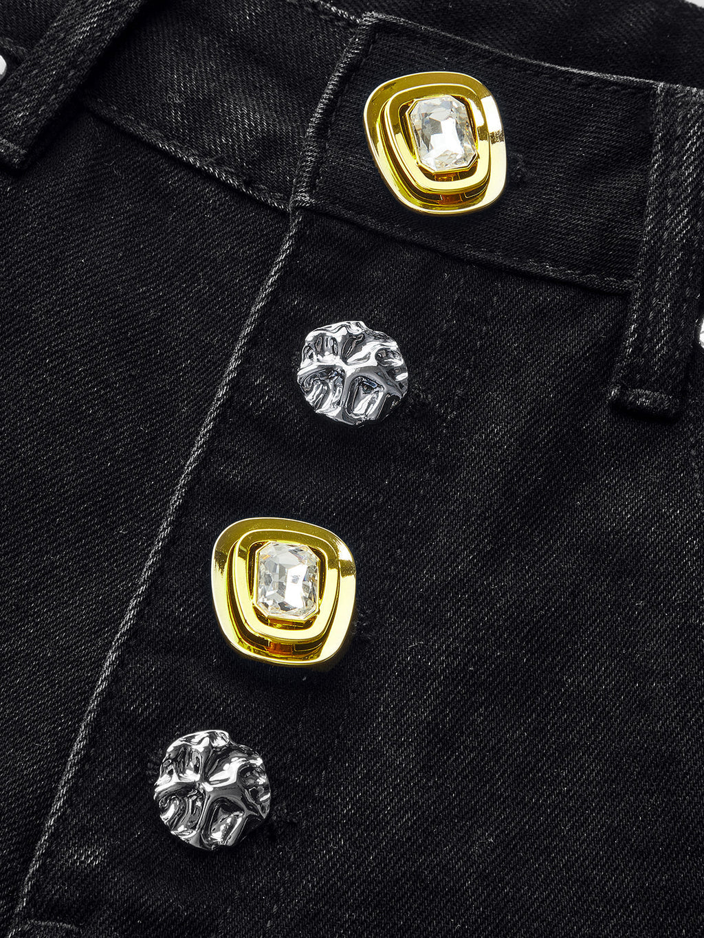 Metal Button-Detail Wide-Leg Jeans