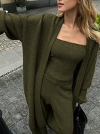 Three-Piece Knit Bustier Cardigan Pants Set