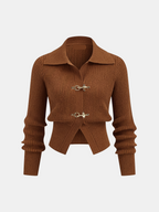 Collared Metal Buckle Ribbed Cropped Sweater