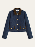 Metal Button Suede Collar Denim Jacket