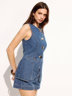 Large Button Sleeveless Denim Top & Shorts Set