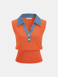 Denim Collar Metal Button Sleeveless Knit Vest
