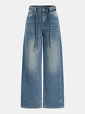 Tie Waist Curved-Leg Denim Pants