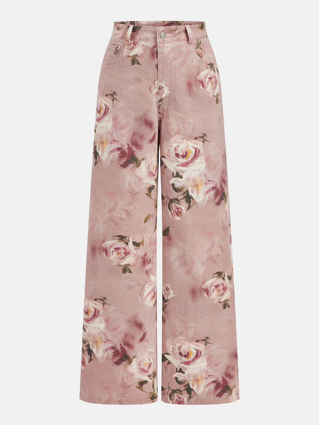 Mid-Waist Rose Print Wide Leg Denim Pants