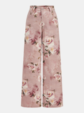 Mid-Waist Rose Print Wide Leg Denim Pants