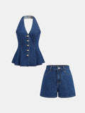 Denim Halter Peplum Top & Shorts Set