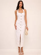 Denim Halter Button Front Maxi Dress