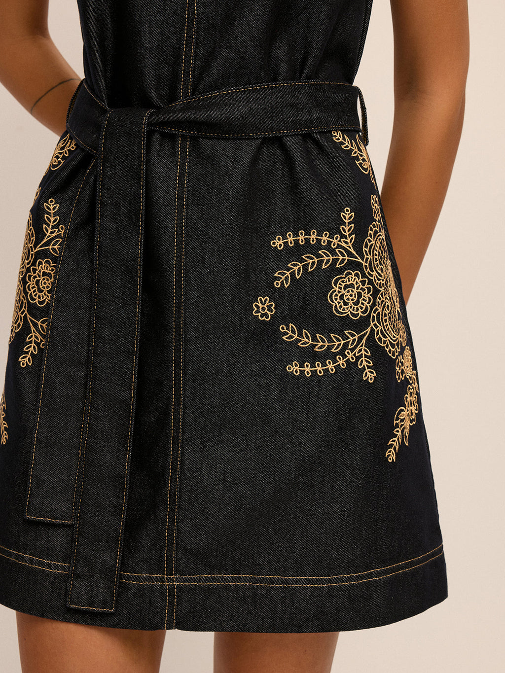 Embroidered Denim Belted Shift Dress