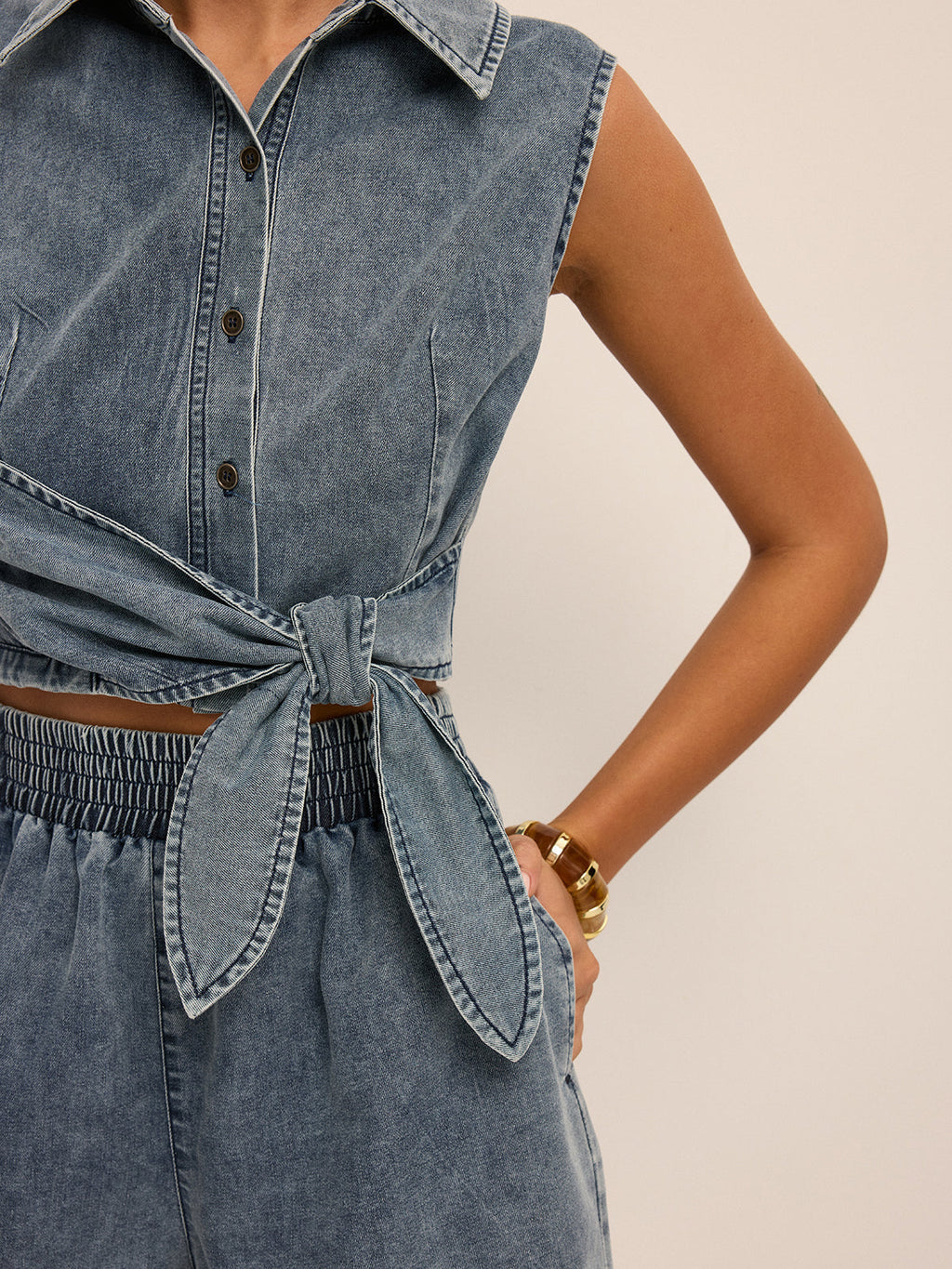 Denim Tie-Waist Sleeveless Shirt & Shorts Set