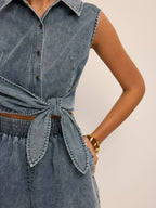 Denim Tie-Waist Sleeveless Shirt & Shorts Set