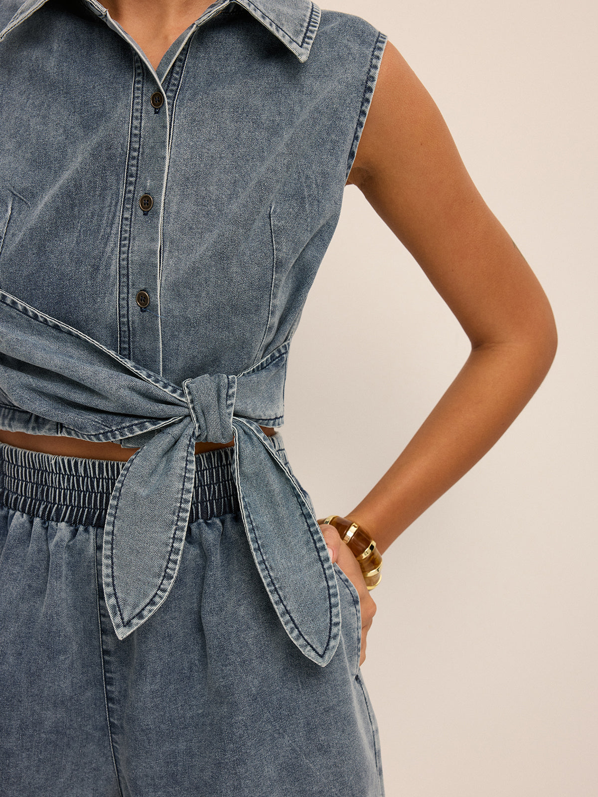 Denim Tie-Waist Sleeveless Shirt & Shorts Set