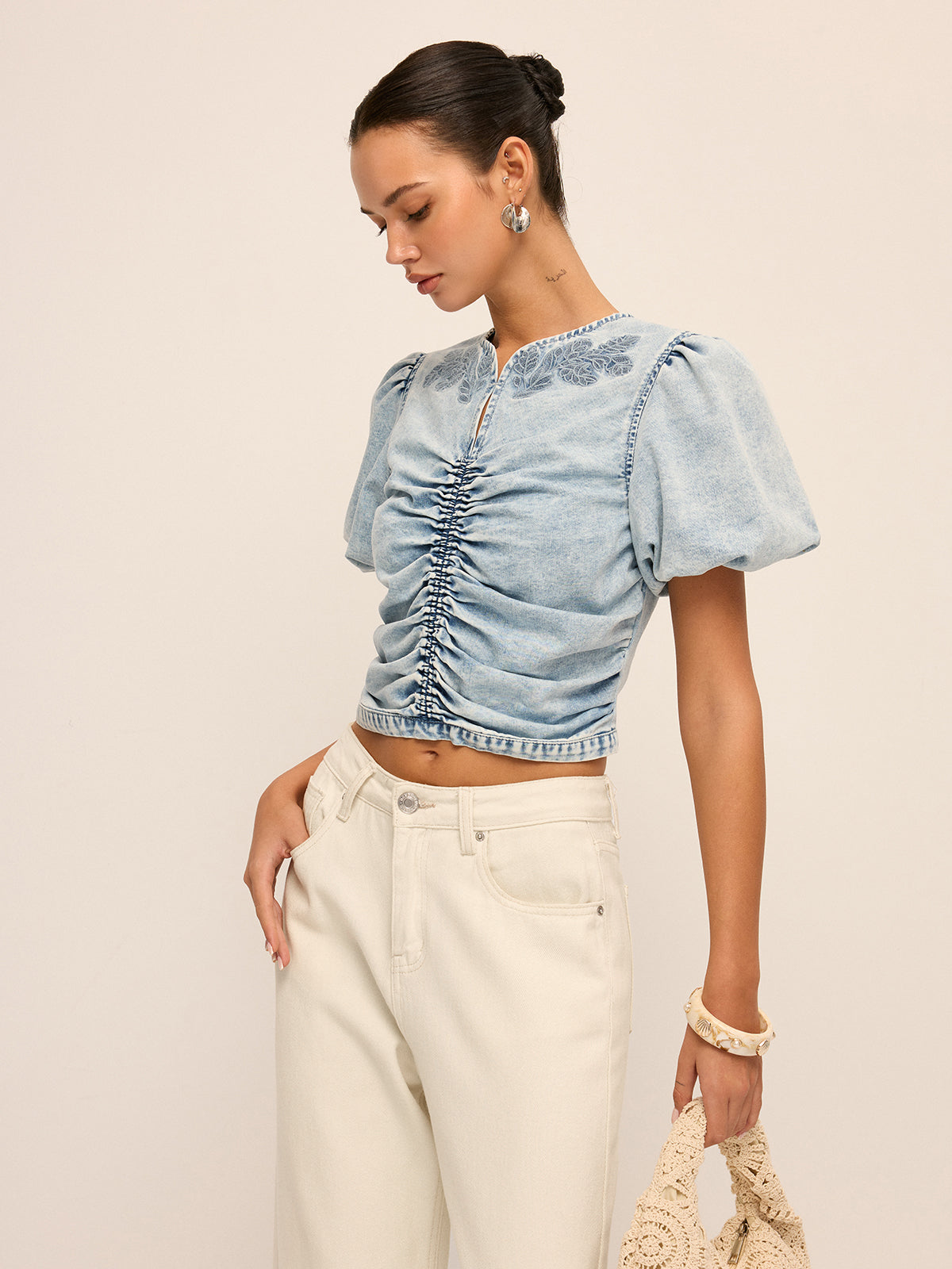 Ruched Puff Sleeve Embroidered Denim Top