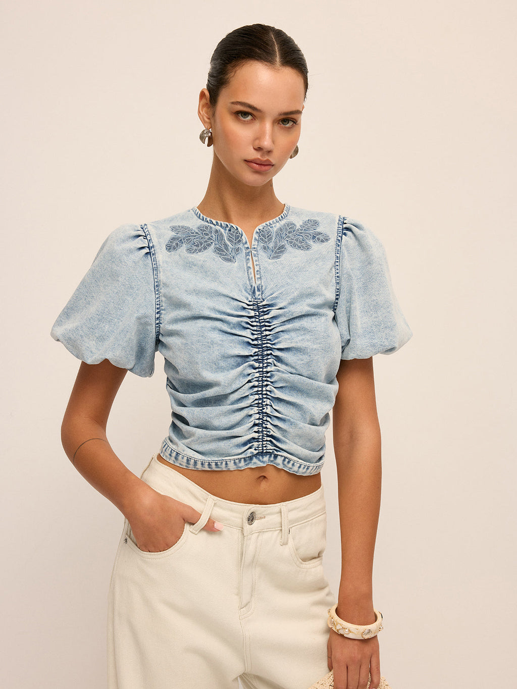 Ruched Puff Sleeve Embroidered Denim Top
