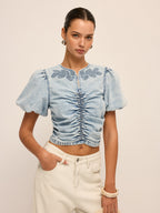 Ruched Puff Sleeve Embroidered Denim Top