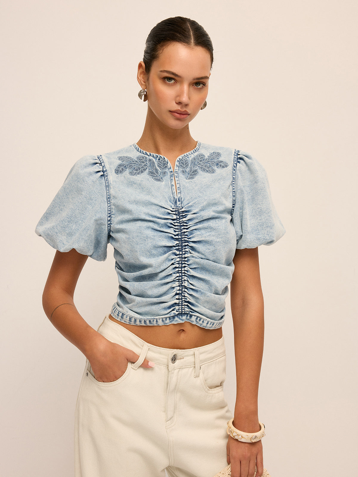 Ruched Puff Sleeve Embroidered Denim Top