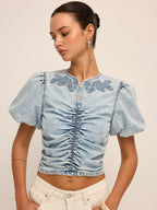 Ruched Puff Sleeve Embroidered Denim Top