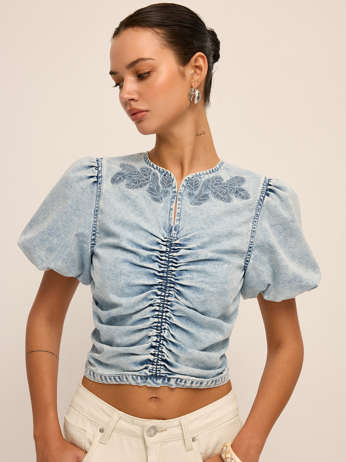 Ruched Puff Sleeve Embroidered Denim Top