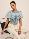 Ruched Puff Sleeve Embroidered Denim Top