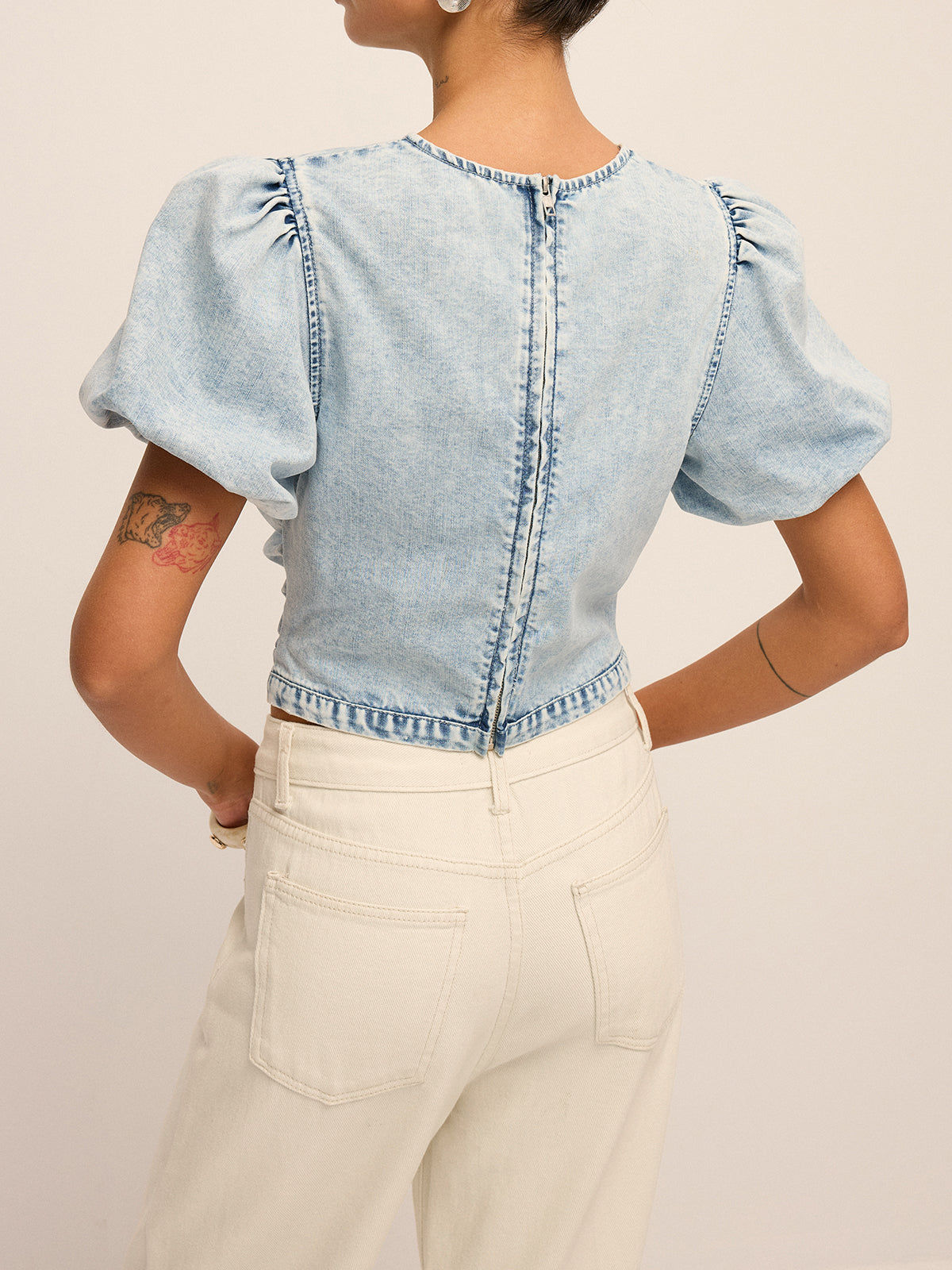 Ruched Puff Sleeve Embroidered Denim Top
