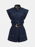 Belted Epaulet Denim Sleeveless Romper