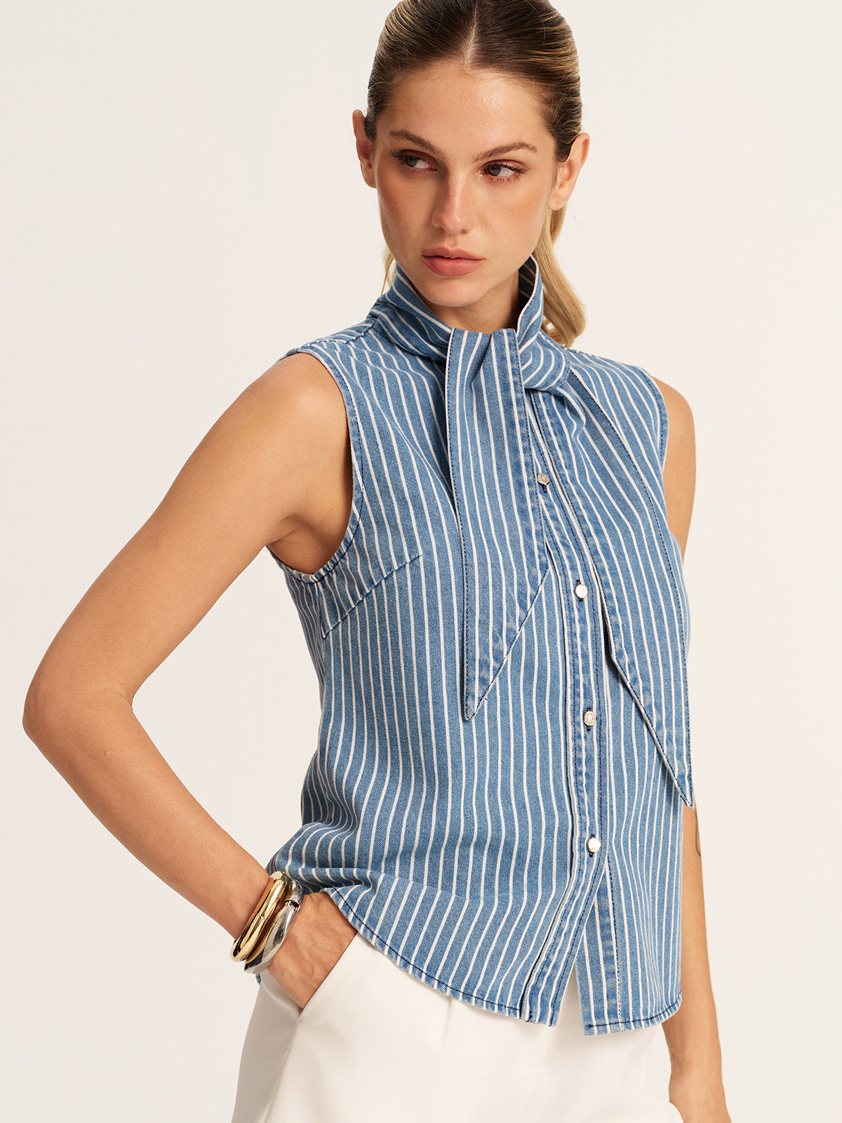 Striped Tie Neck Sleeveless Denim Blouse