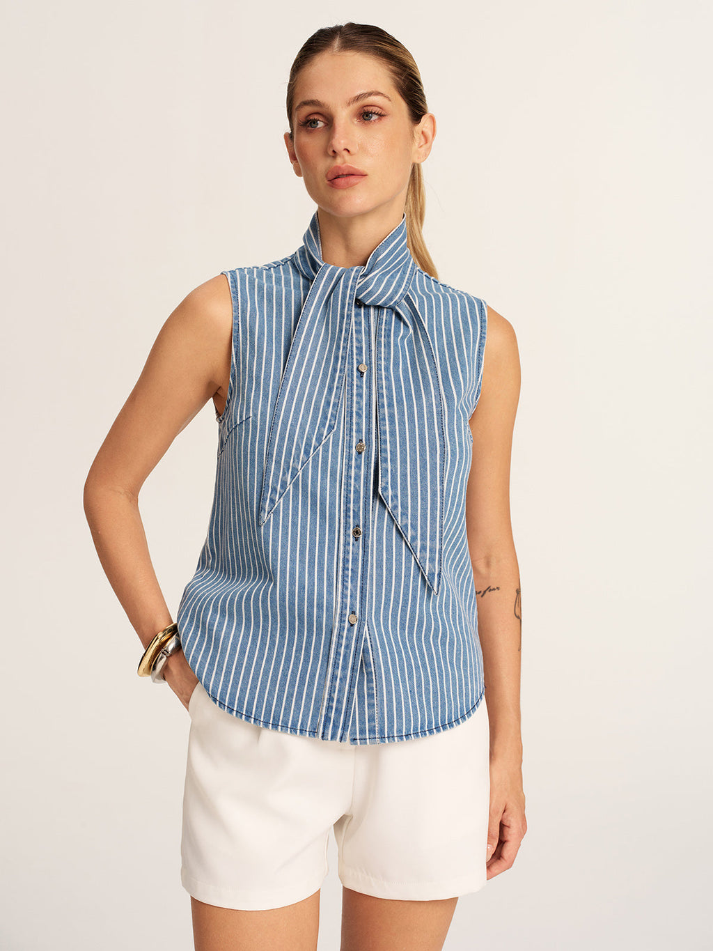 Striped Tie Neck Sleeveless Denim Blouse