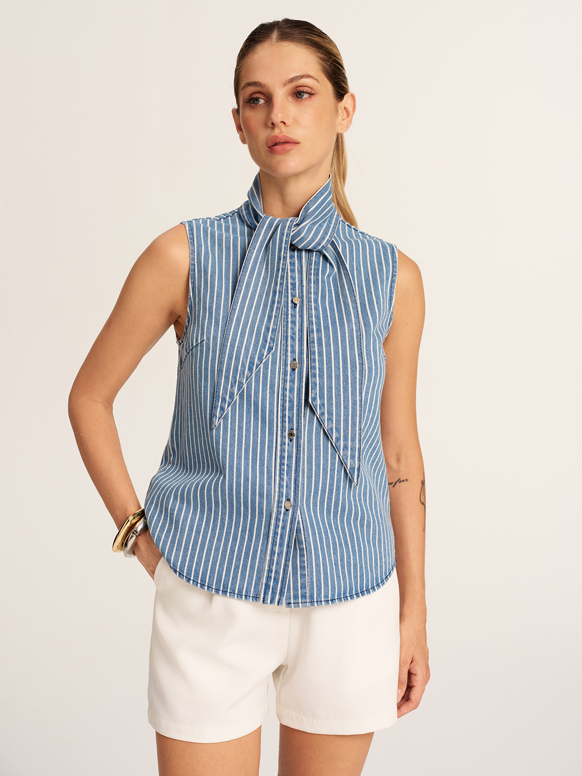Striped Tie Neck Sleeveless Denim Blouse