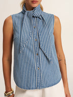 Striped Tie Neck Sleeveless Denim Blouse