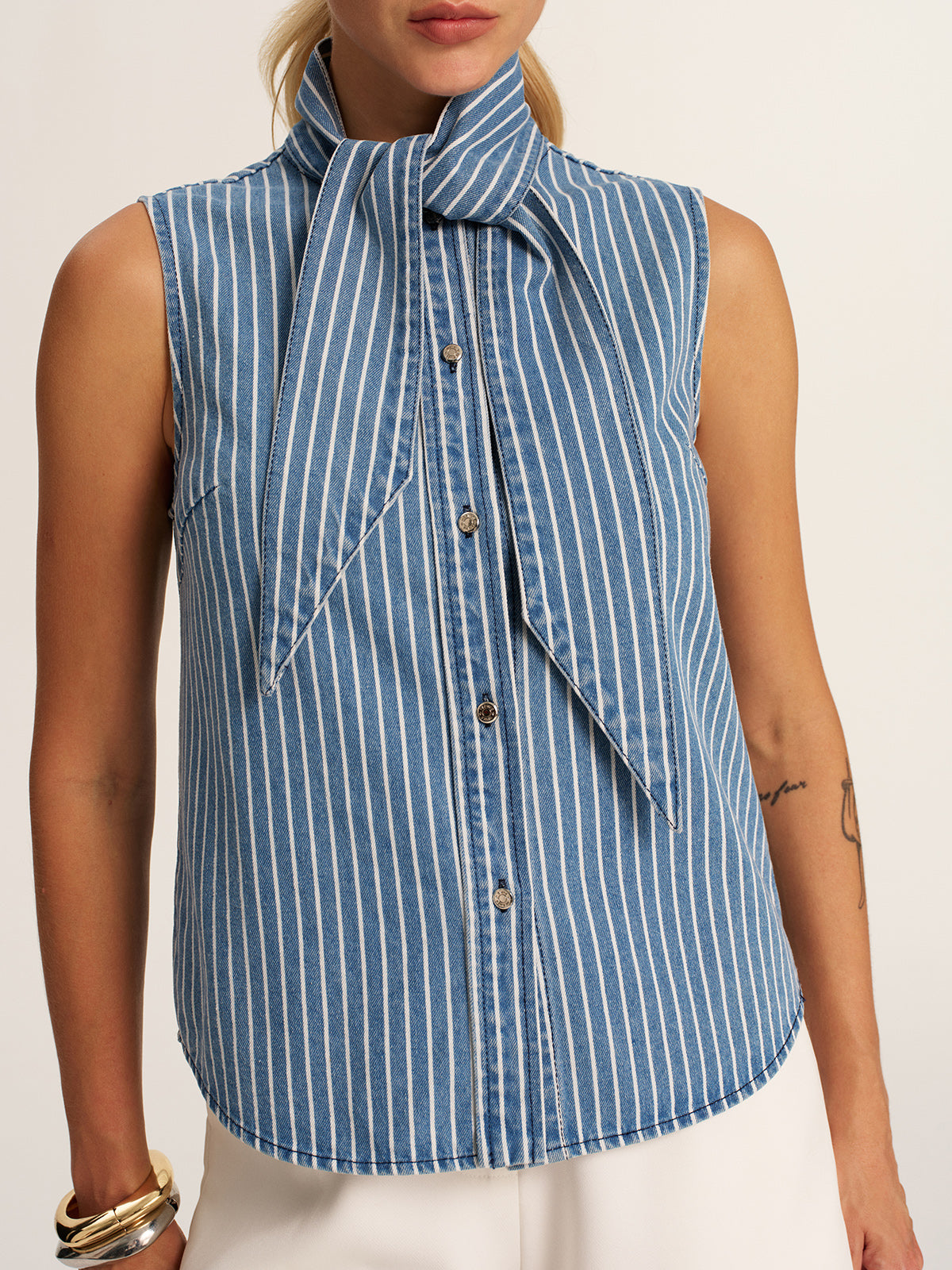 Striped Tie Neck Sleeveless Denim Blouse