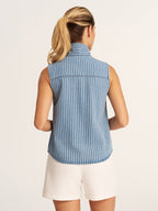 Striped Tie Neck Sleeveless Denim Blouse
