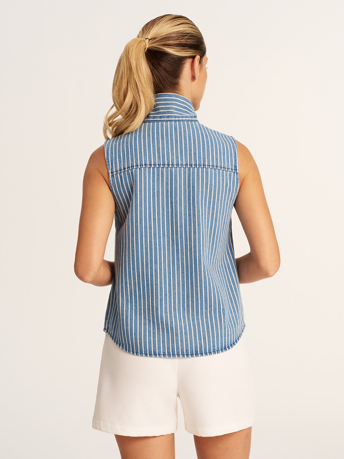 Striped Tie Neck Sleeveless Denim Blouse