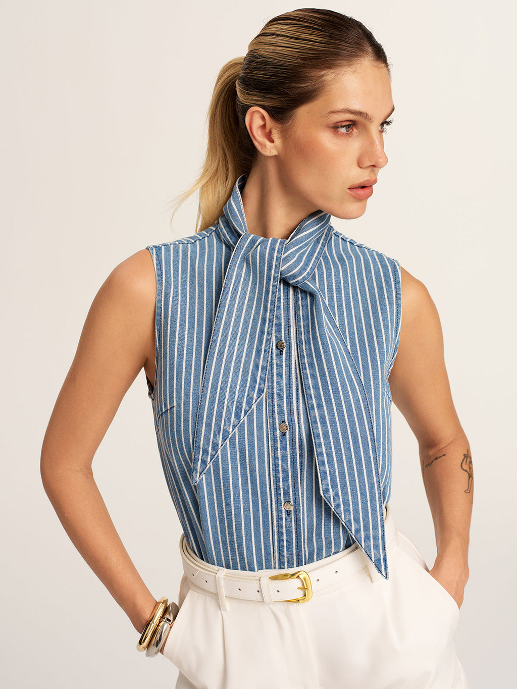 Striped Tie Neck Sleeveless Denim Blouse