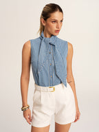 Striped Tie Neck Sleeveless Denim Blouse