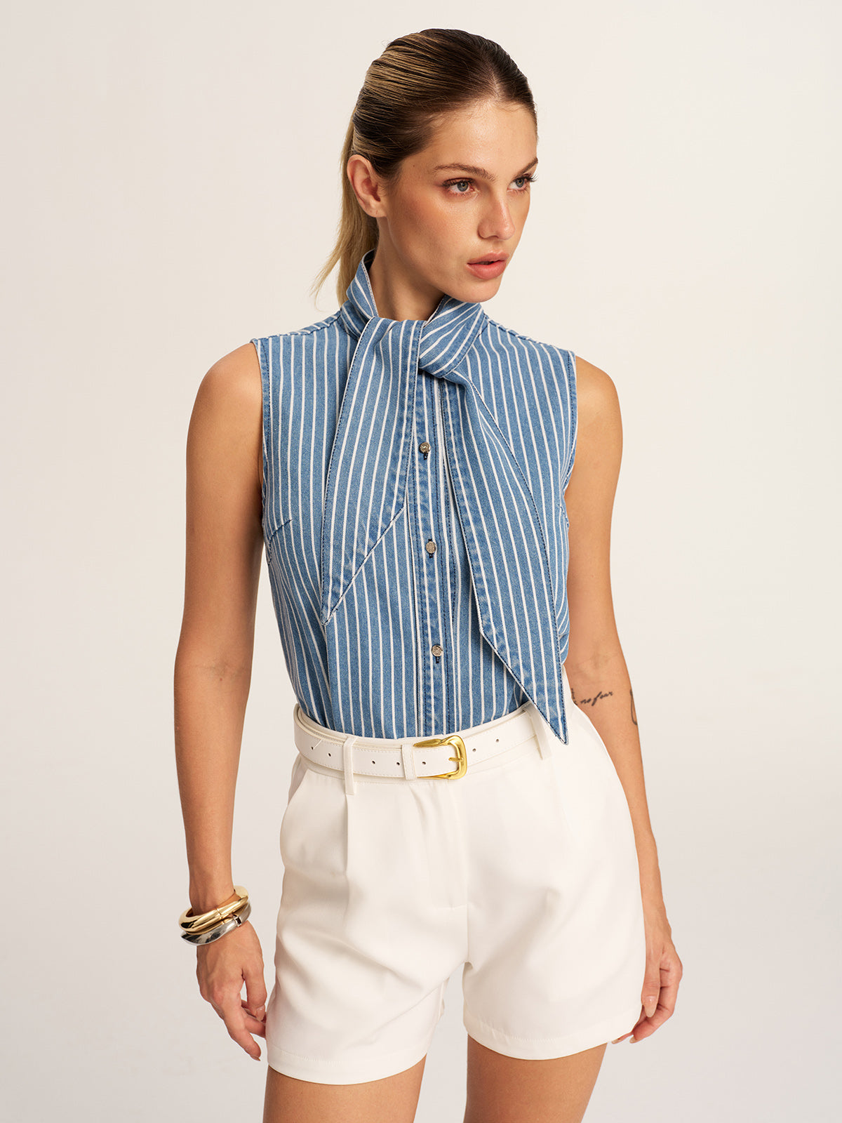 Striped Tie Neck Sleeveless Denim Blouse