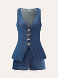 Metal Button Tie-Back Denim V-Neck Shorts Set