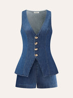 Metal Button Tie-Back Denim V-Neck Shorts Set