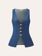 Metal Button Tie-Back Denim V-Neck Shorts Set
