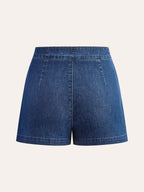 Metal Button Tie-Back Denim V-Neck Shorts Set