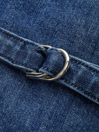 Metal Button Tie-Back Denim V-Neck Shorts Set