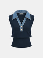 Denim Collar Metal Button Sleeveless Knit Vest