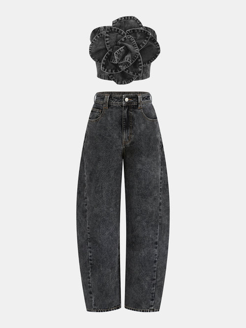 3D Rose Applique Denim Tube Top