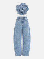 3D Rose Applique Denim Tube Top