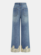 Lace Trim Mid-Waist Denim Pants